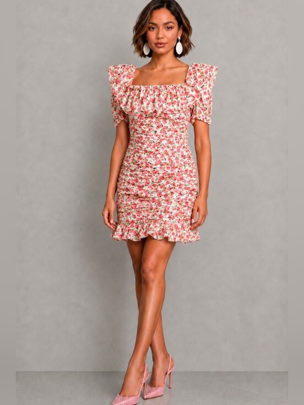 Zara ruched floral print ruffled minidress. size Medium NEW